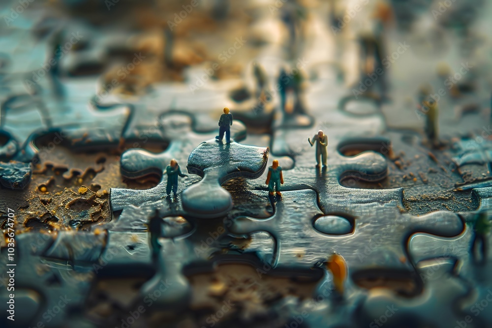 Miniature Figures Navigating a Colorful Puzzle Landscape Miniature Figures Navigating a Colorful Puzzle Landscape
