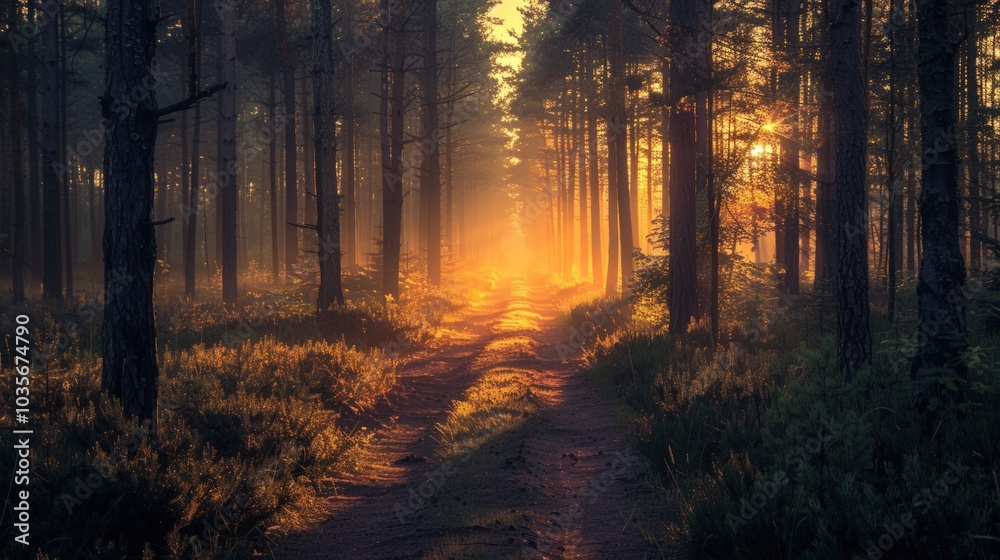 Fototapeta premium Golden Light Path Through the Forest