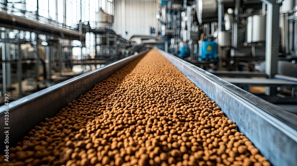 Conveyor Belt with Brown Pellets in a Factory Setting Conveyor Belt with Brown Pellets in a Factory Setting