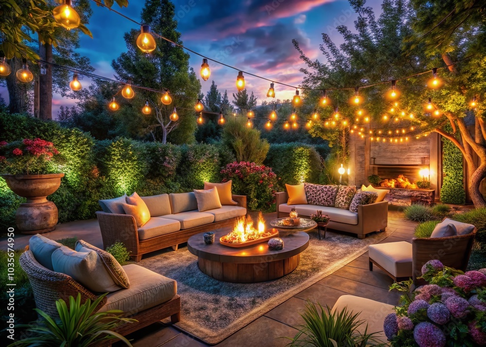 Obraz premium Cozy Outdoor Seating Area with Warm Lights and Fire Pit at Dusk