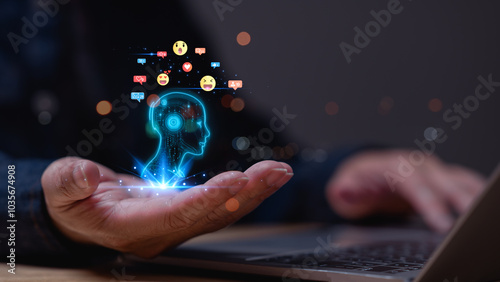 Foto Futuristic digital representation of Ai emerging from hand, symbolizing AI emoti
