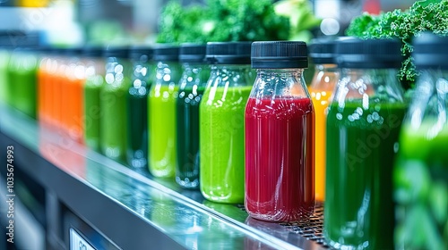 Colorful Fresh Juices in Glass Bottles on a Shelf Display