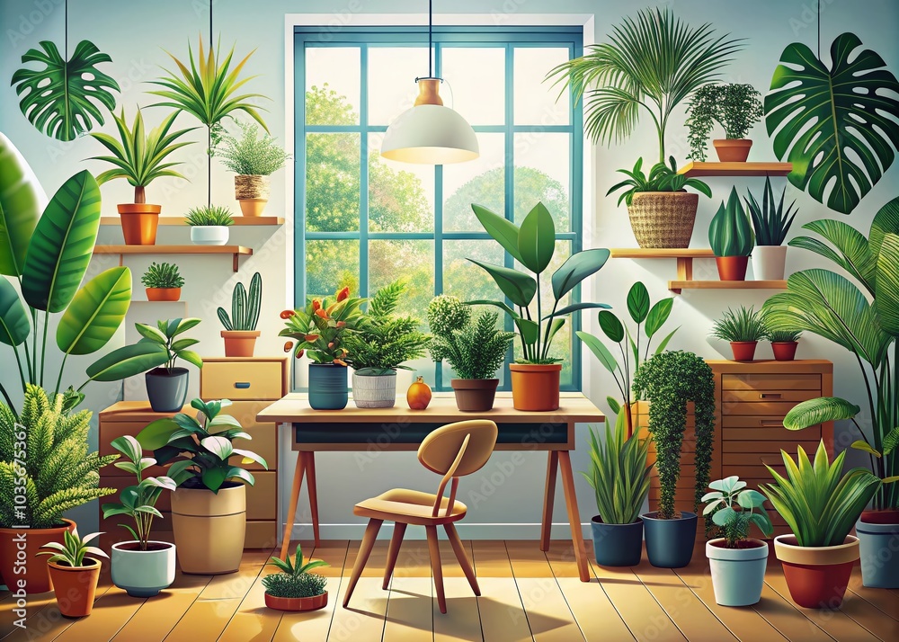 Fototapeta premium Cozy Urban Jungle: Flat Interior Plant Collection for Home and Office Decor