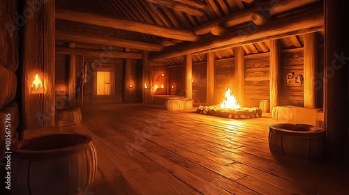 Cozy viking longhouse interior with flickering firelight and historic decor. Viking Longhouse. Illustration photo