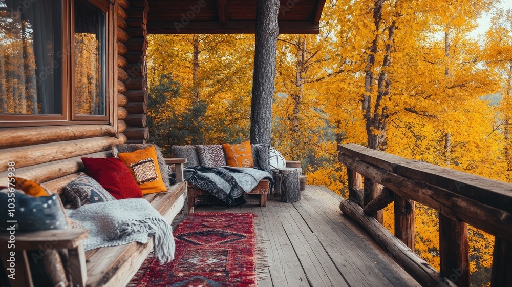 Obraz premium A cozy wooden terrace with rustic furniture, colorful pillows, and blankets, set against a backdrop of golden autumn trees