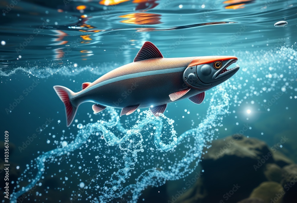 Fototapeta premium Mechanical Salmon Swimming Up Holographic Stream