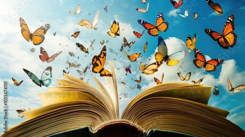 A creative depiction of a book with its pages becoming butterflies, flying in various directions into a bright, airy sky.