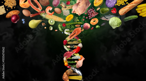 GMO Food science and or Genetically modified foods and crops as engineered agriculture concept as nutrition biotechnology and genetic manipulation through biology sciences as a DNA strand symbol. photo