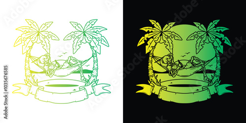 Original vector illustration. Skeleton on the beach in a hammock with the sea in the background.