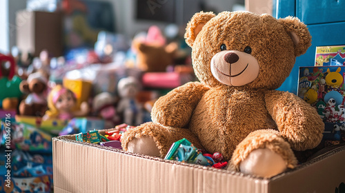 A brightly decorated donation box overflowing with toys, featuring a large teddy bear on top. The scene evokes warmth, generosity, and the spirit of giving, perfect for charitable campaigns photo