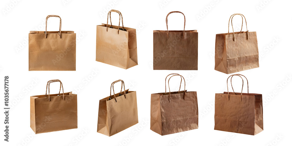 Variety of Brown Paper Bags for Retail Display, PNG set collection, isolated on transparent background