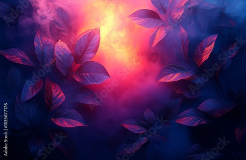 The background comprises brick walls, neon lights, and silhouettes of tropical leaves.