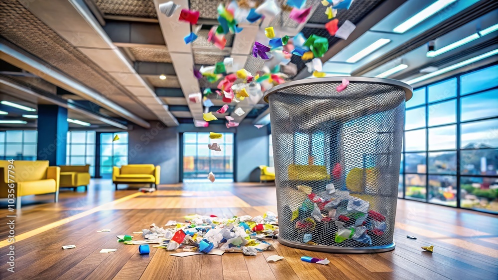 Fototapeta premium Crushed Paper Tossed into Mesh Garbage Bin - High Dynamic Range Photography