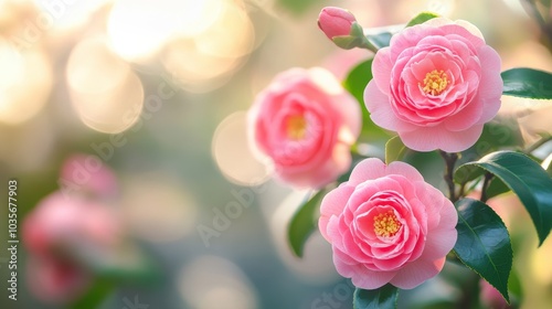 Camellia Blossom: Closeup of Vivid Pink Flowers and Bud on Tree with Green Foliage