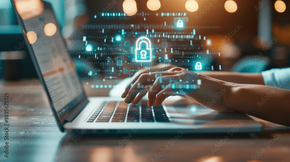 Secure Internet Connection advanced Security Encryption, data security and data access. Typing a password on a laptop with a lock icon on the screen. Cybersecurity