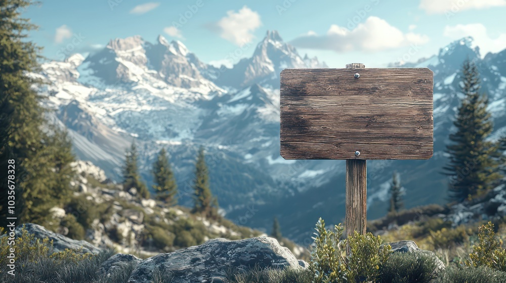 Fototapeta premium High-res image of an alpine scene with a blank wooden placard pointing directions.