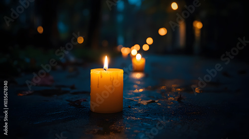 A photo of eerie Halloween candles flickering in the wind, with a dark alley as the background, during midnight