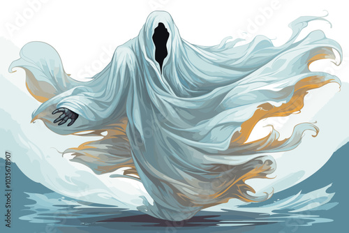 Ominous bedsheet ghost in a creepy environment. Digital illustration.