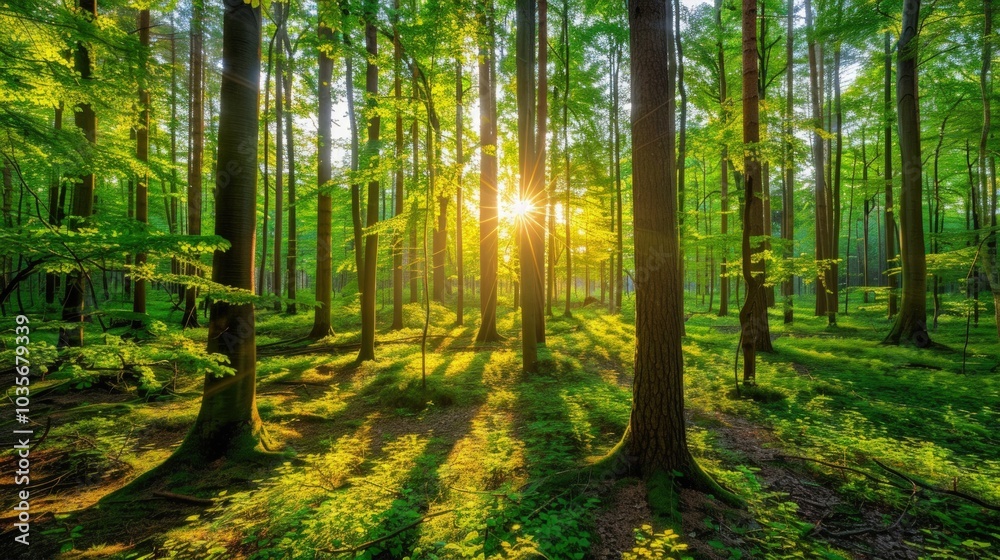 Fototapeta premium Sunlight Filtering Through a Lush Forest