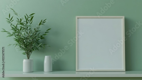 A minimalist shelf display featuring a plant, a vase, and an empty frame against a green wall.