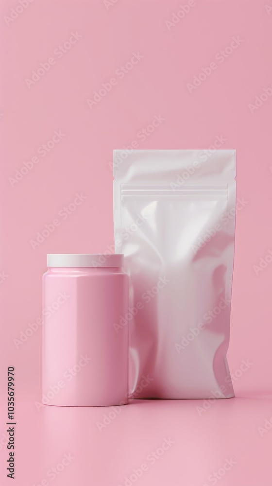 Minimalist Pink Can and Beige Bag on Soft Background Minimalist Pink Can and Beige Bag on Soft Background