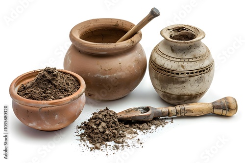 Traditional Clay Pots and Tools with Earthy Contents