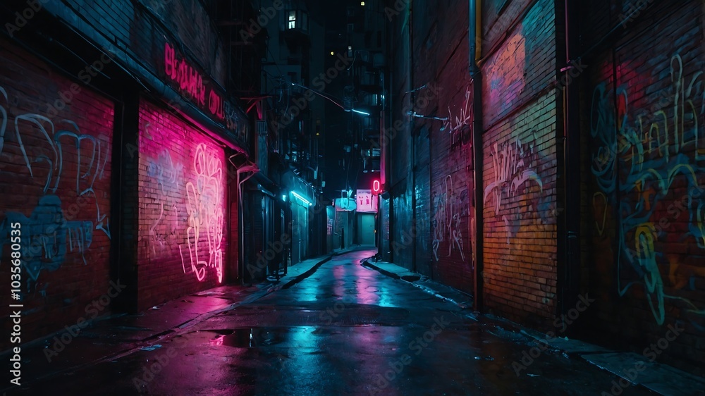 Winter Night Street with Graffiti and City Lights in an Old European Alley Winter Night Street with Graffiti and City Lights in an Old European Alley
