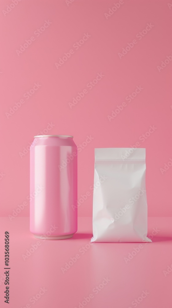 Minimalist Pink Can and Beige Bag on Soft Background Minimalist Pink Can and Beige Bag on Soft Background