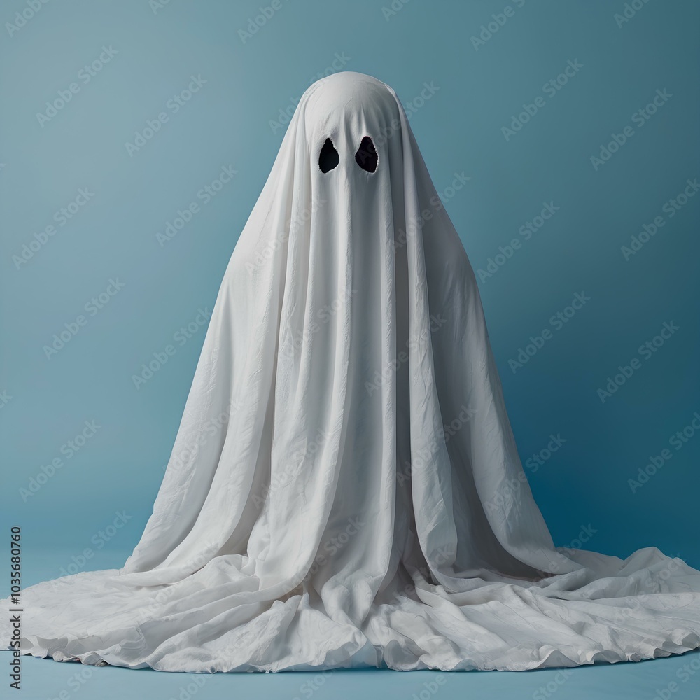 White ghost sheet costume against pastel blue background. Minimal Halloween scary concept.