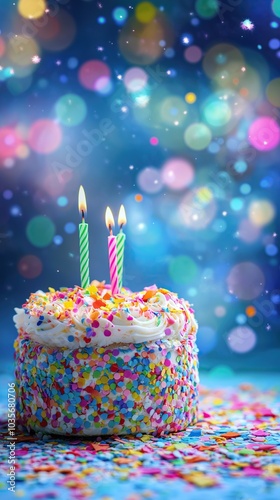 Colorful birthday cake with lit candles over a blue background with confetti
