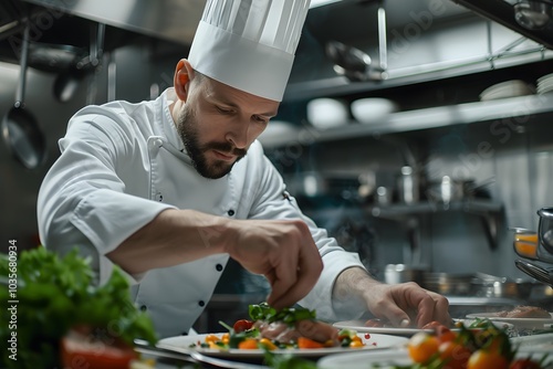 Master Chef Artfully Plating a Gourmet Dish in a Professional Kitchen