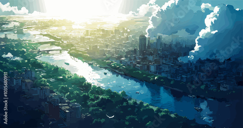 Background scene anime of a city under a cloudscape