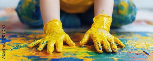 A child in yellow gloves creates colorful art with paint on a vibrant canvas, showcasing creativity and playful engagement. photo