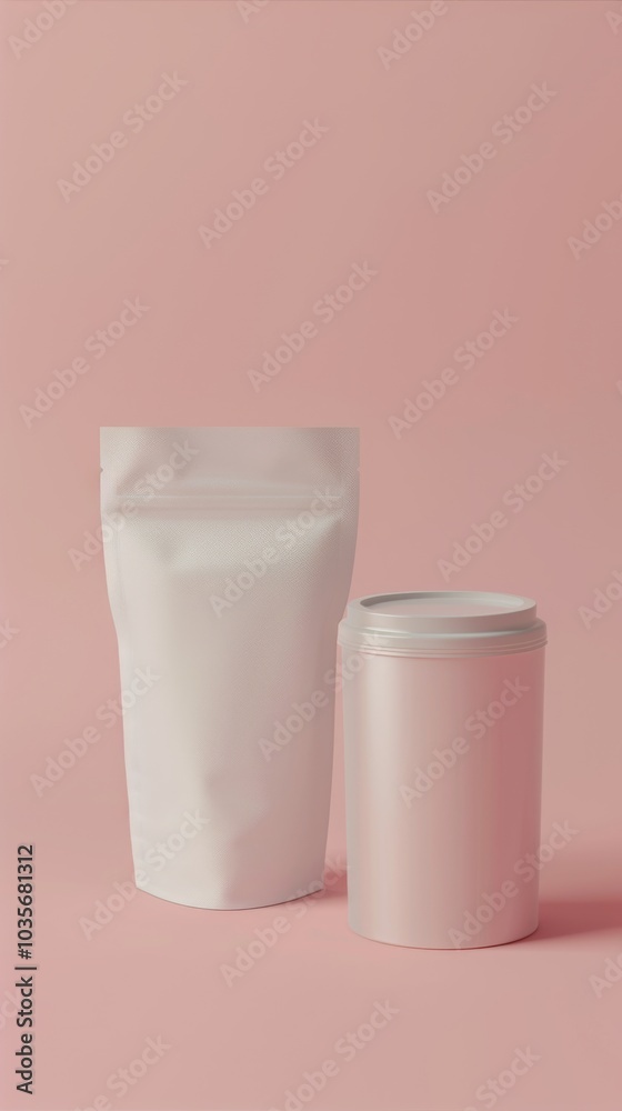 Minimalist Pink Can and Beige Bag on Soft Background Minimalist Pink Can and Beige Bag on Soft Background