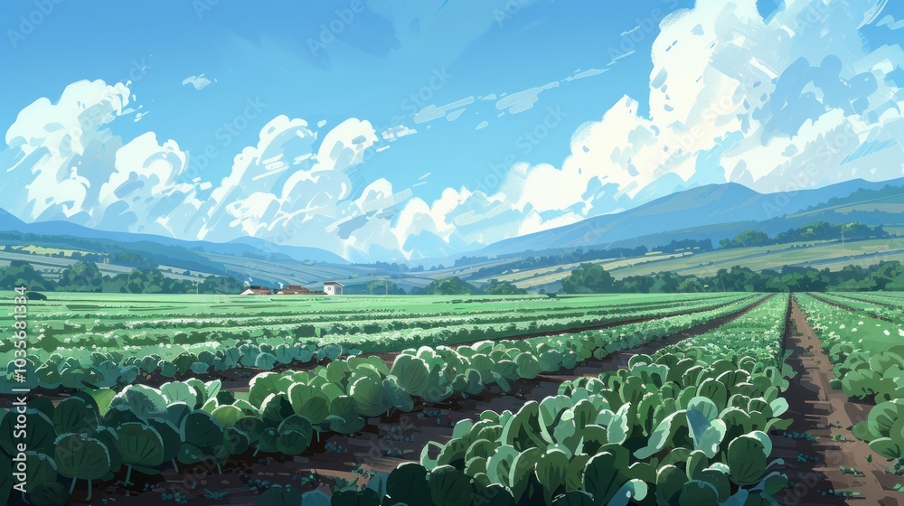 Fototapeta premium A green field with rows of farm crops against a backdrop of mountains over a blue sky with white clouds.