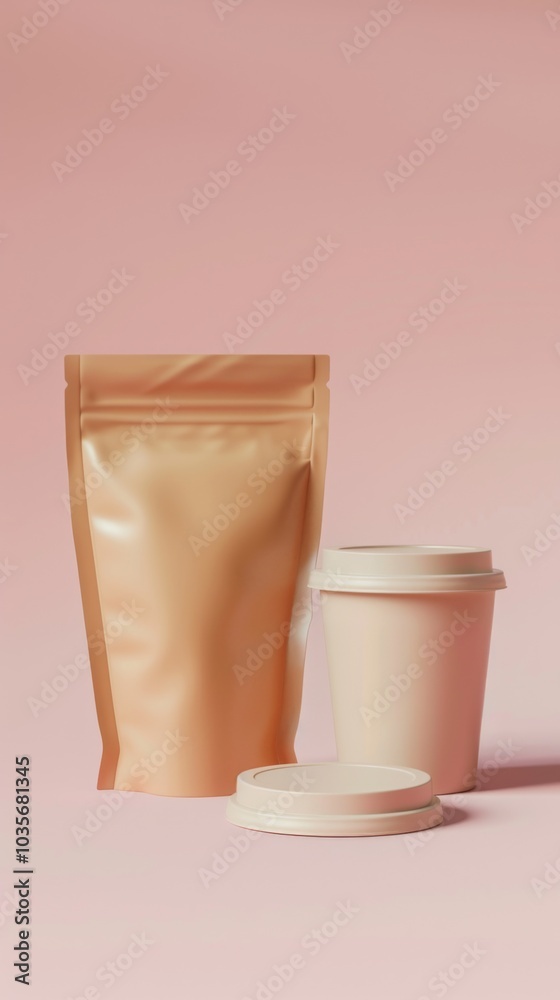 Minimalist Pink Can and Beige Bag on Soft Background Minimalist Pink Can and Beige Bag on Soft Background