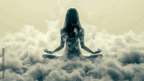 Woman is sitting in a meditative lotus pose above the clouds, symbolizing peace, serenity, and mindfulness