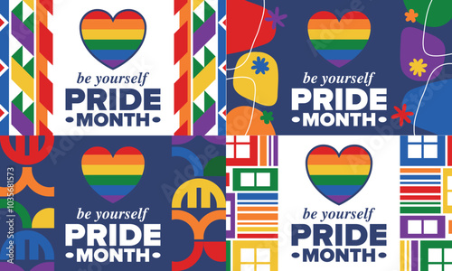 LGBT Pride Month in June. Lesbian Gay Bisexual Transgender. Celebrated annual. LGBT flag. Rainbow love concept. Human rights and tolerance. Poster, card, banner and background. Vector illustration