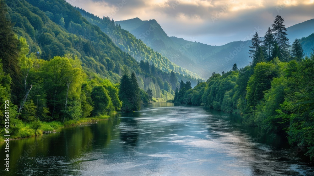 Fototapeta premium Serene River Winding Through Lush Green Mountains