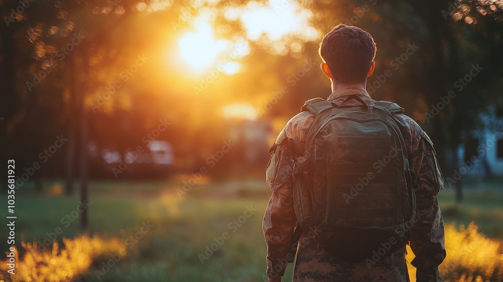 Rearview of a patriotic young soldier coming back home, Generative AI Rearview of a patriotic young soldier coming back home, Generative AI
