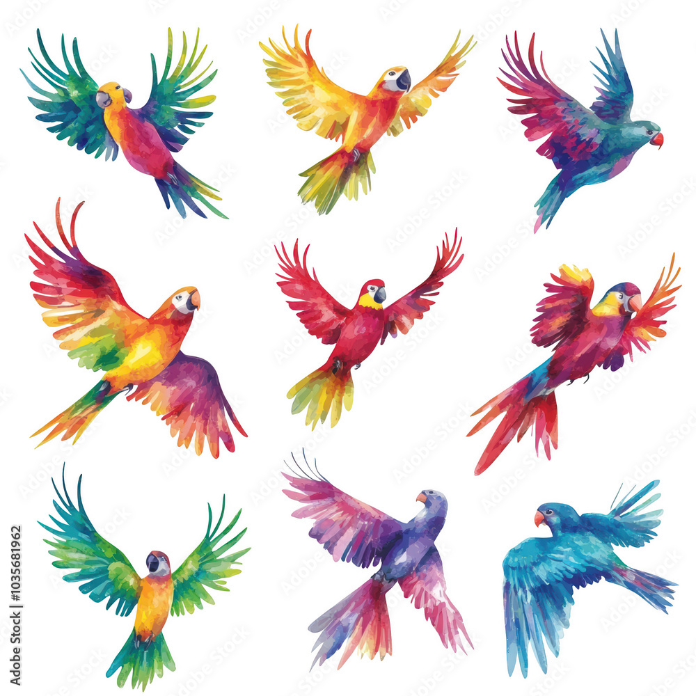 Rainbow Parrots in Flight: A vibrant collection of twelve watercolor parrots, each showcasing a unique and dazzling array of colors, wings outstretched in mid-flight. Rainbow Parrots in Flight: A vibrant collection of twelve watercolor parrots, each showcasing a unique and dazzling array of colors, wings outstretched in mid-flight.