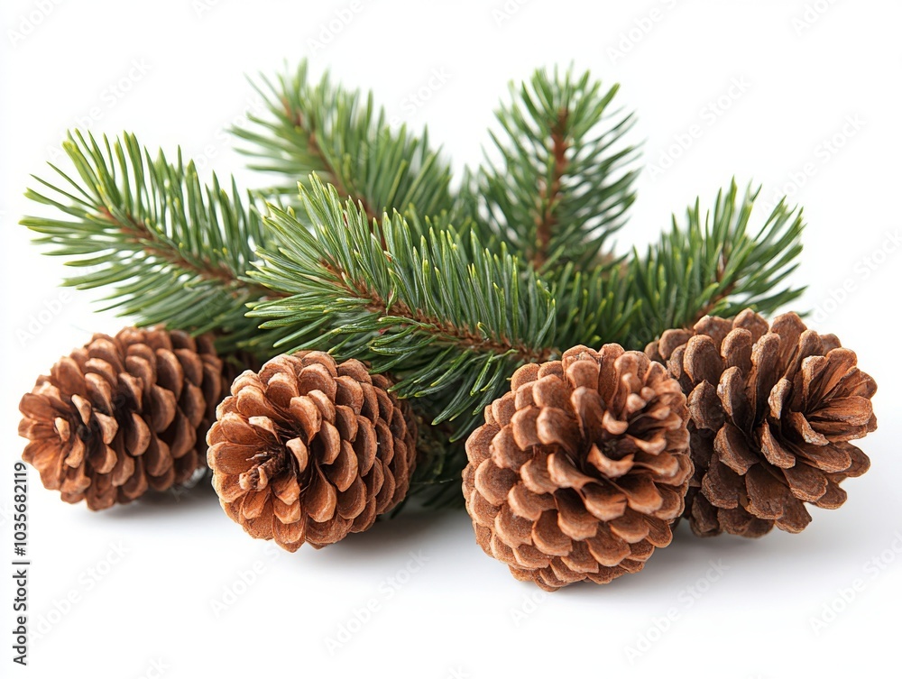 Branch of pine tree with cone isolated on white Branch of pine tree with cone isolated on white