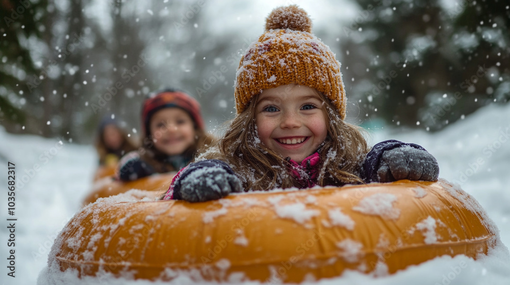 Child rides on a yellow tubing in the snow Child rides on a yellow tubing in the snow