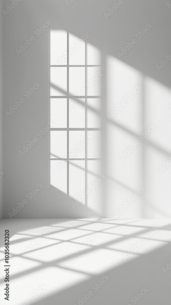 Sunlight streams through a large window, casting geometric shadows on a blank white wall and floor, creating a serene and minimalist architectural scene. Sunlight streams through a large window, casting geometric shadows on a blank white wall and floor, creating a serene and minimalist architectural scene.