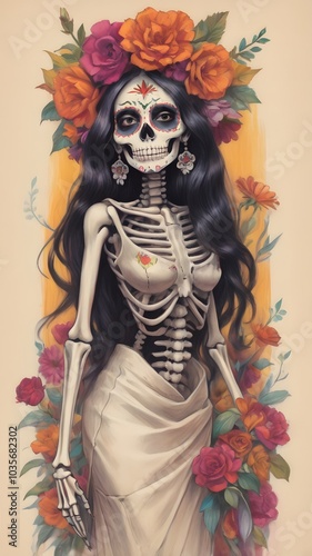 Floral Sugar Skull Woman for Halloween Decor