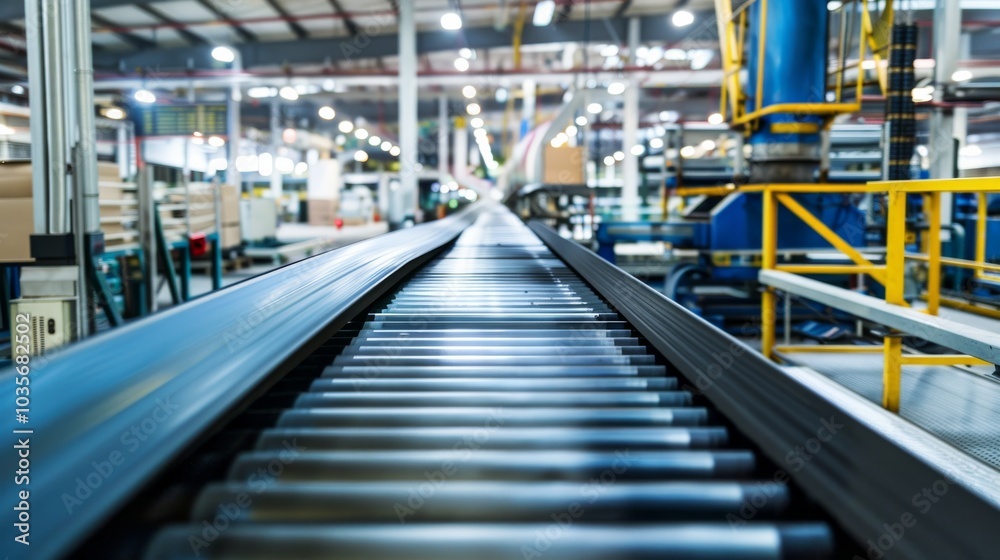 A conveyor belt in a factory, with materials moving along to a processing area, Industrial setting with active production line A conveyor belt in a factory, with materials moving along to a processing area, Industrial setting with active production line