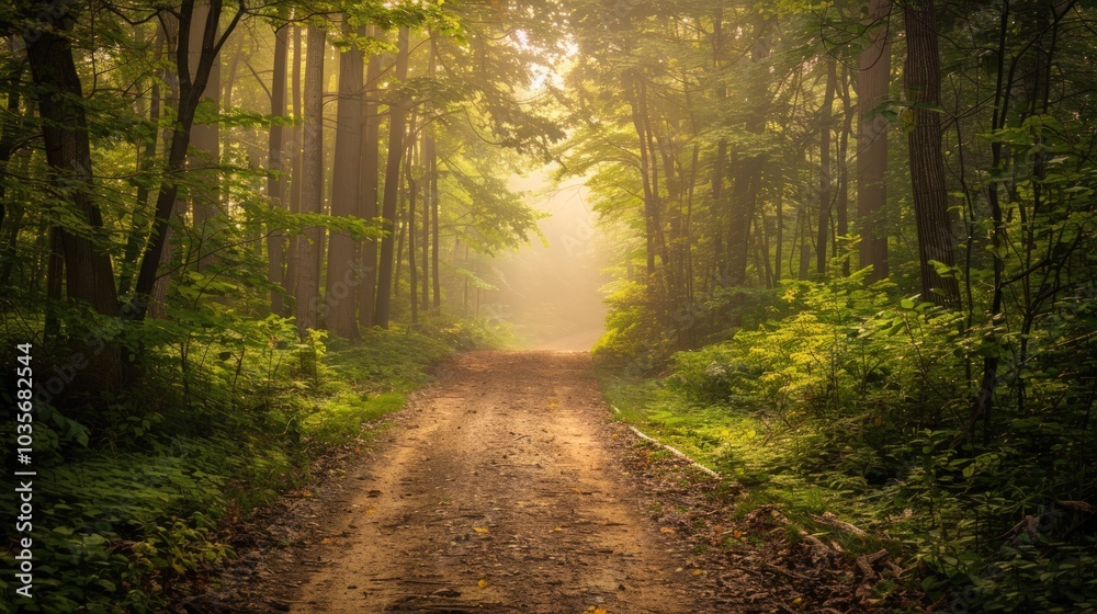 Fototapeta premium Sunlit Forest Path with Morning Mist