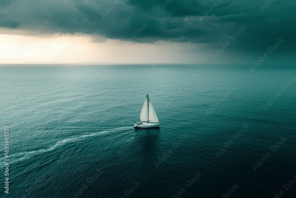 Obraz premium A Single Sailboat Navigating Calm Waters Under a Stormy Sky