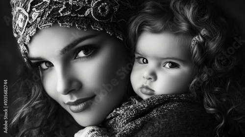 Caucasian mother holding her infant baby in her arms affectionately. Black and white photo photo