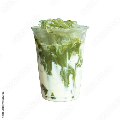 Ice matcha green tea on plastic glass isolated white background.